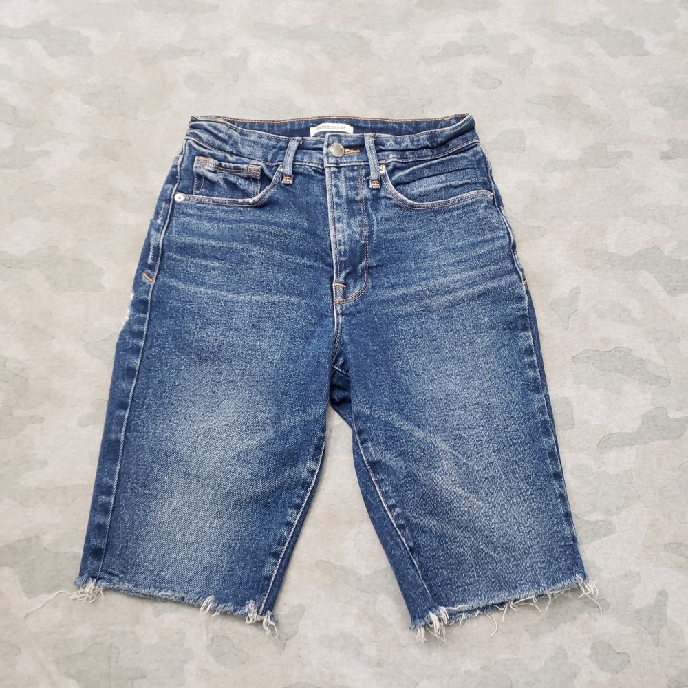 Good American Bermuda Shorts Women 4/27 Blue Distressed Denim Medium Wash
